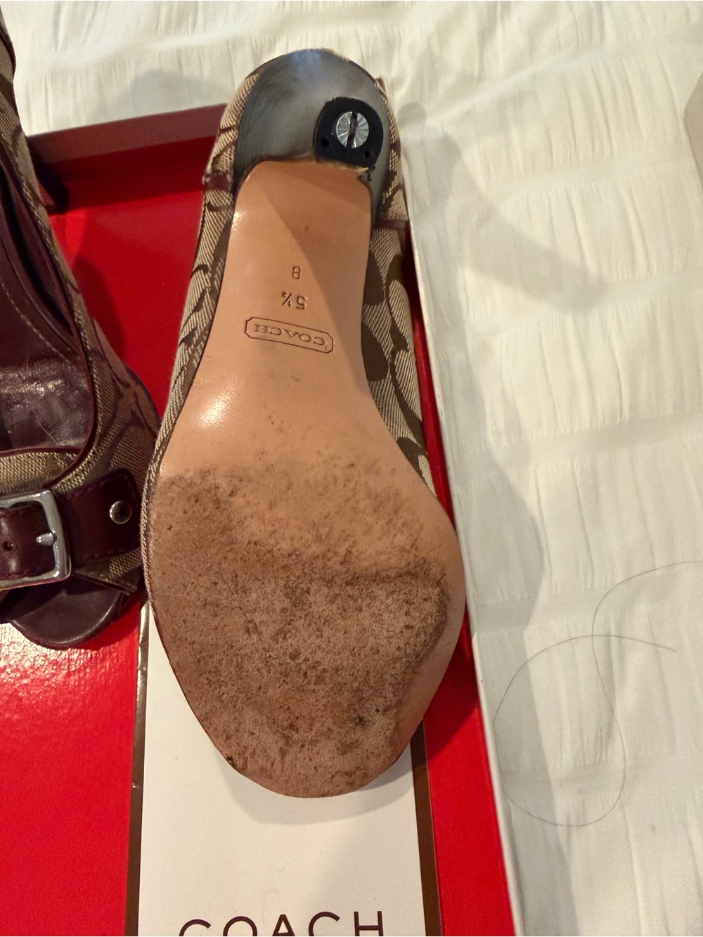 Coach Tan and Brown Peep-Toe Heels with Buckle Accent - Picture 4 of 6